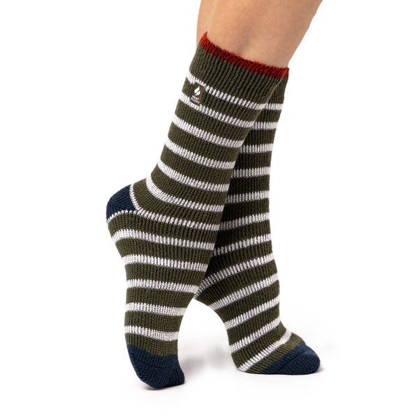Ladies Original Amara Two Tone Stripe Socks - Olive & Blue Sapphire