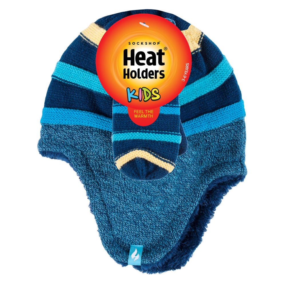 Kids Stripe Cosy Ears Hat & Mittens - Blue & Yellow