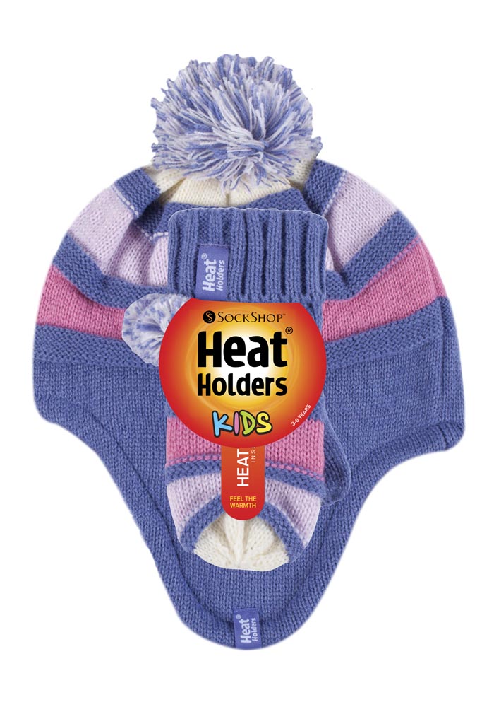 Kids Stripe Cosy Ears Hat & Mittens - Lavender