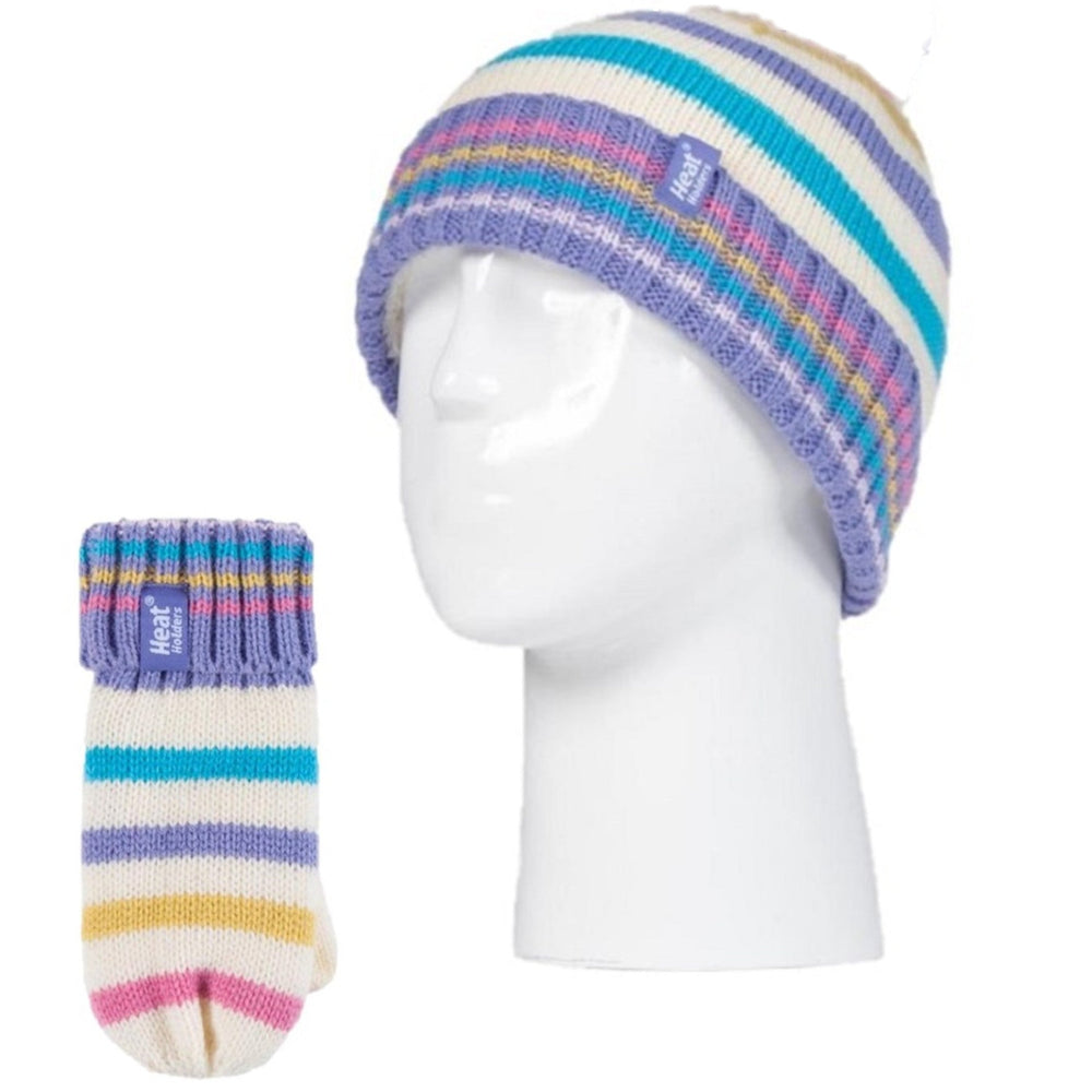Kids Turn Over Hat & Mittens - Cream Stripe