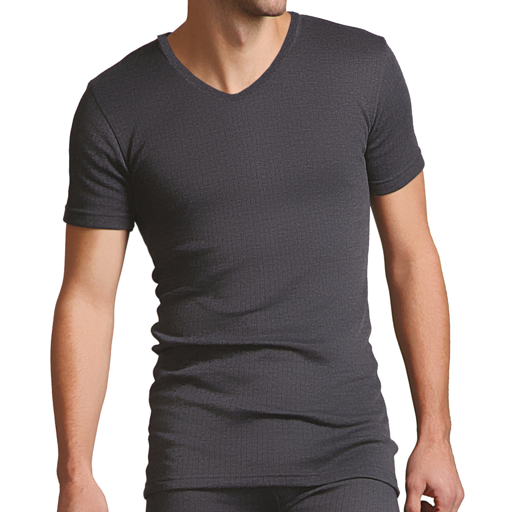 Mens Thermal V Neck Short Sleeve Top - Charcoal