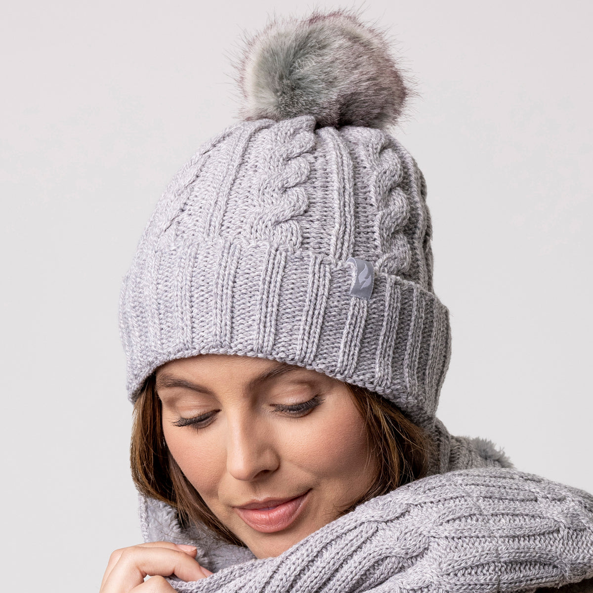 Ladies Maine Original Pom Pom Hat Light Grey Heat Holders