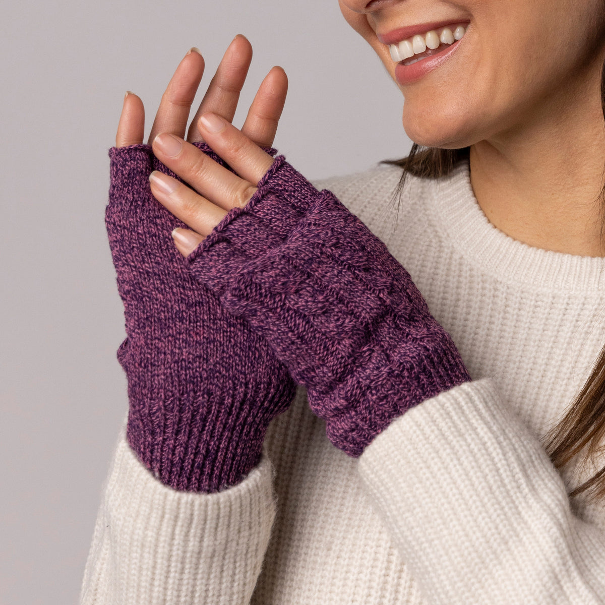 Ladies Ayla Cable Fingerless Gloves Purple Twist