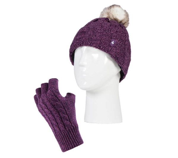 Ladies Thermal Fingerless Gloves & Pom Pom Hat - Purple Twist