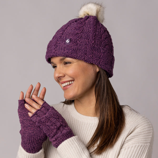 Ladies Thermal Fingerless Gloves & Pom Pom Hat - Purple Twist