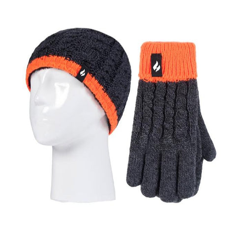 Kids Cable Hat & Gloves - Charcoal & Orange