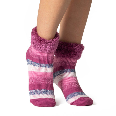 Ladies Original Heathfield Lounge Socks with Turnover Top - Pink Stripe