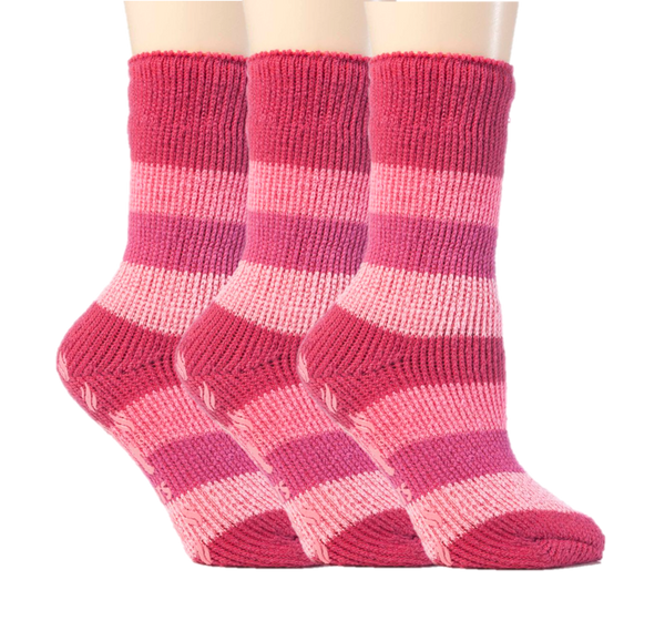 Special Offer 3 Pairs Kids Thermal Slipper Socks - Raspberry Stripe