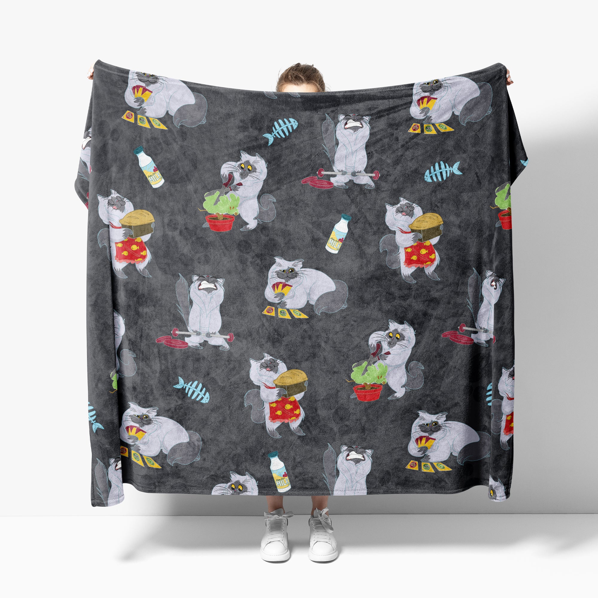 Oversized Fleece Thermal Blanket Black Cat Design Heat Holders