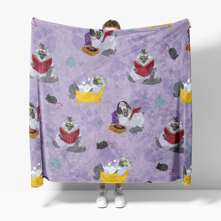 Oversized Fleece Thermal Blanket 180cm x 200cm - Lilac Cat Design