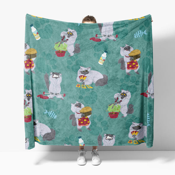 Oversized Fleece Thermal Blanket 180cm x 200cm - Turquoise Cat Design