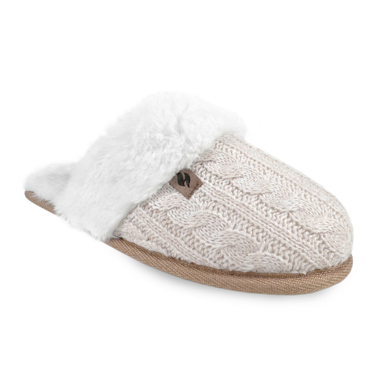 Ladies Aria Cable Faux Fur Thermal Scuff Slippers - Cream