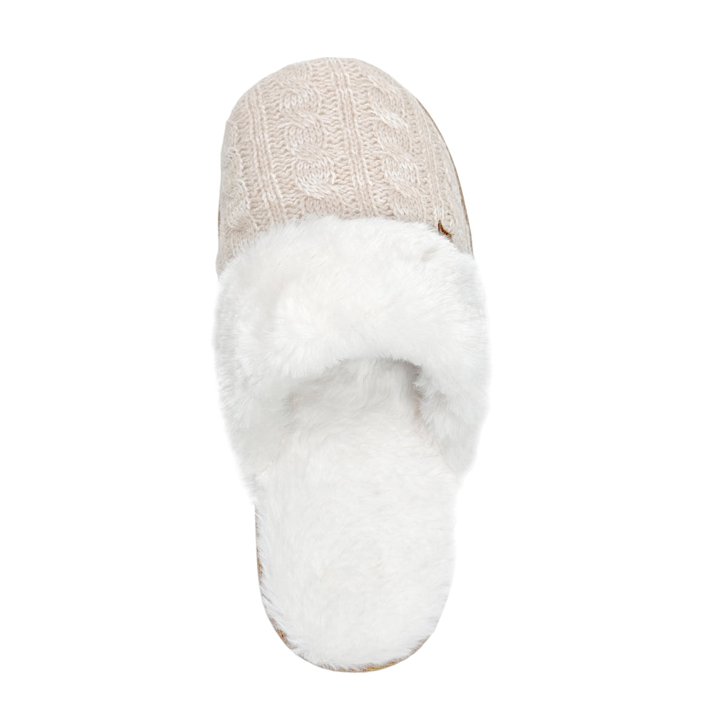 Ladies Aria Cable Faux Fur Thermal Scuff Slippers - Cream