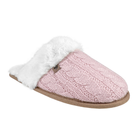 Ladies Aria Cable Faux Fur Thermal Scuff Slippers - Pink