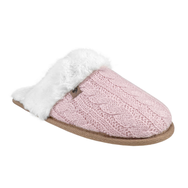 Ladies Aria Cable Faux Fur Thermal Scuff Slippers - Pink