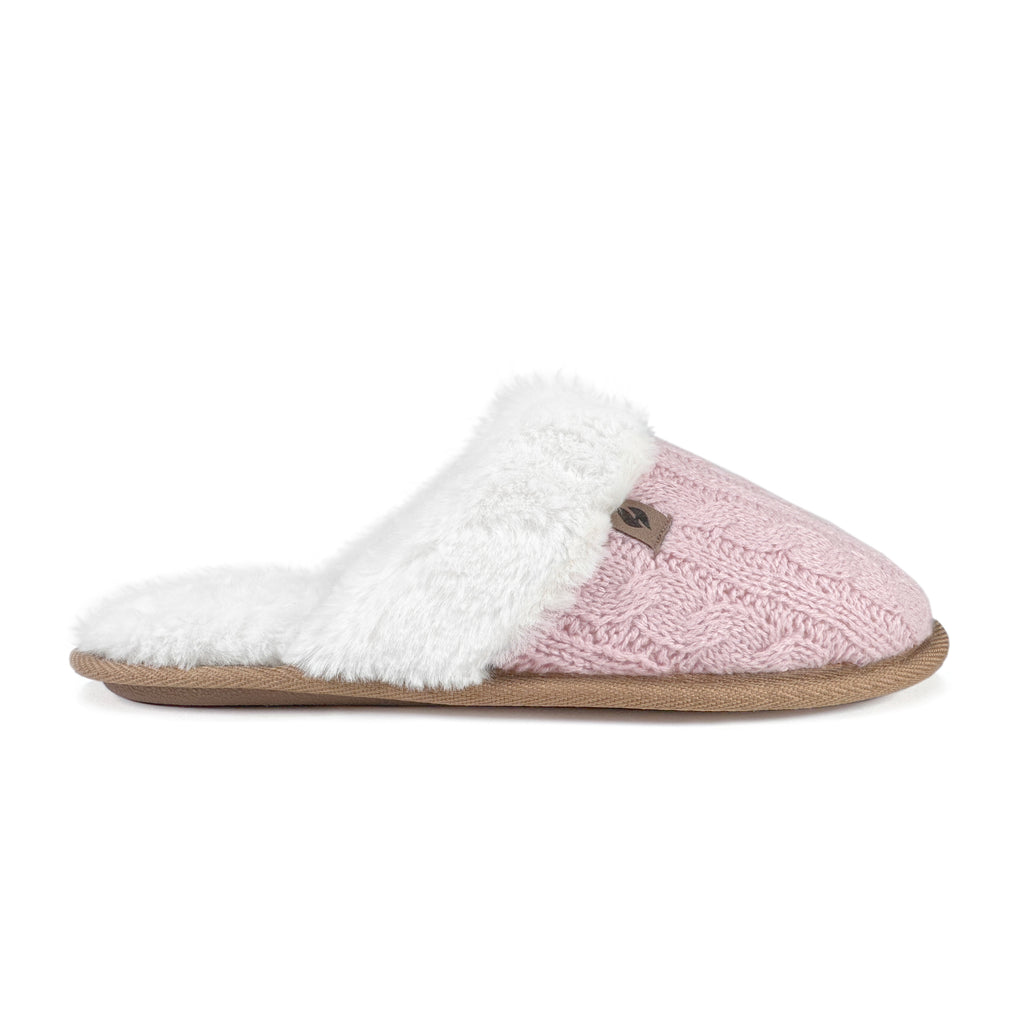 Ladies Aria Cable Faux Fur Thermal Scuff Slippers - Pink – Heat Holders