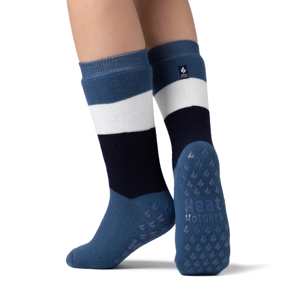 Ladies IOMI Dual Layer Raynaud's Slipper Socks - Block Stripe Denim