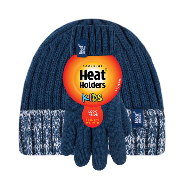 Kids Rib Turn Over Hat & Gloves - Navy