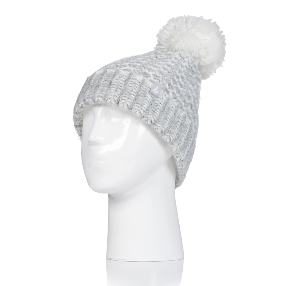 Ladies Lund Pom Pom Hat - Light Grey & Cream