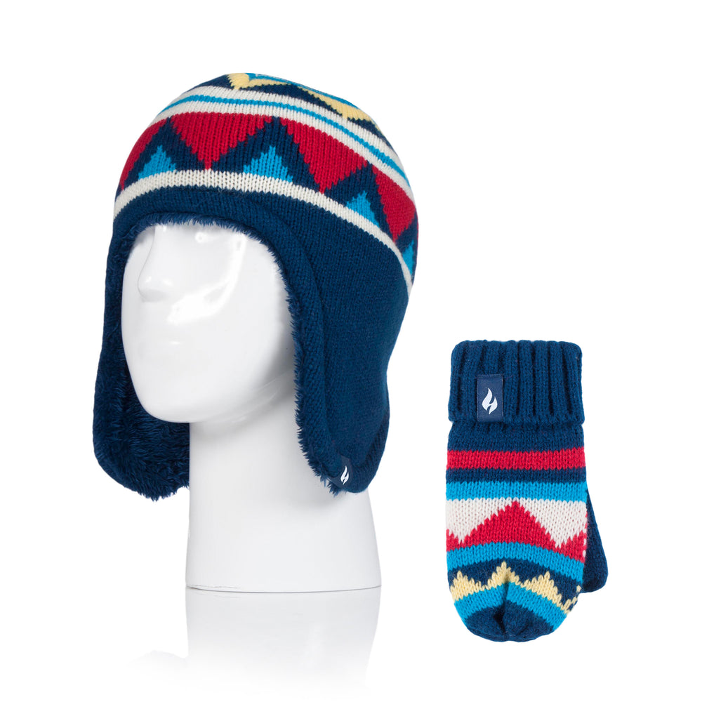 Kids Chevron Cosy Ears Hat & Mittens - Cream Red