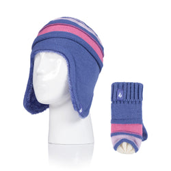Kids Stripe Cosy Ears Hat & Mittens - Lavender