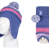 Kids Stripe Cosy Ears Hat & Mittens - Lavender