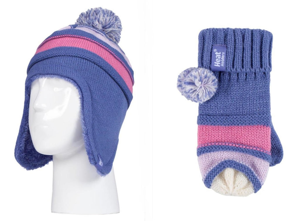 Kids Stripe Cosy Ears Hat & Mittens - Lavender