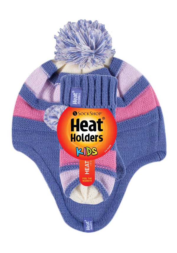 Kids Stripe Cosy Ears Hat & Mittens - Lavender