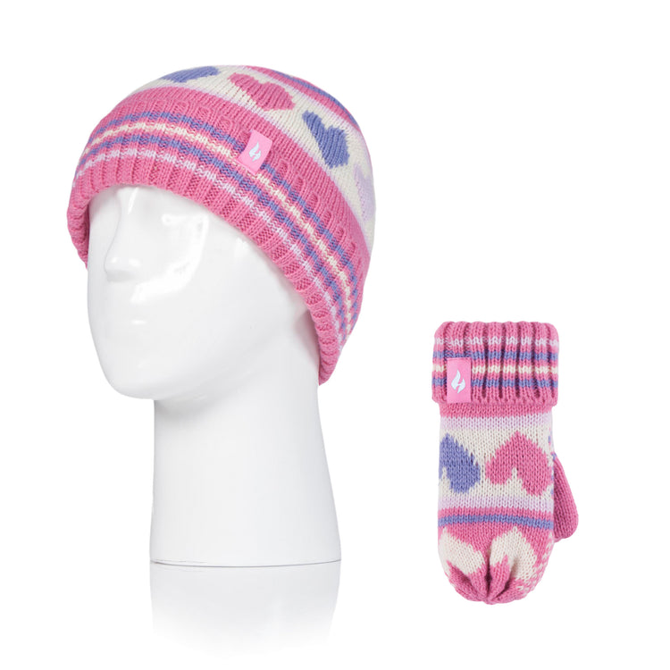 Kids Turn Over Hat & Mittens - Pink & Purple Hearts