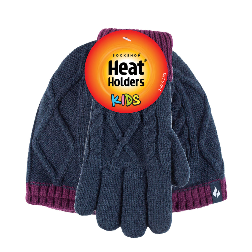 Kids Cable Knit Turn Over Hat & Gloves - Navy & Purple