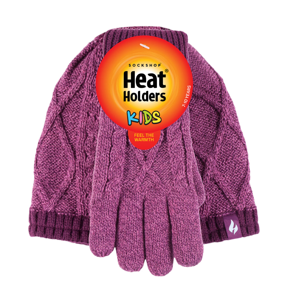 Kids Diamond Cable Hat & Gloves - Pink-Purple