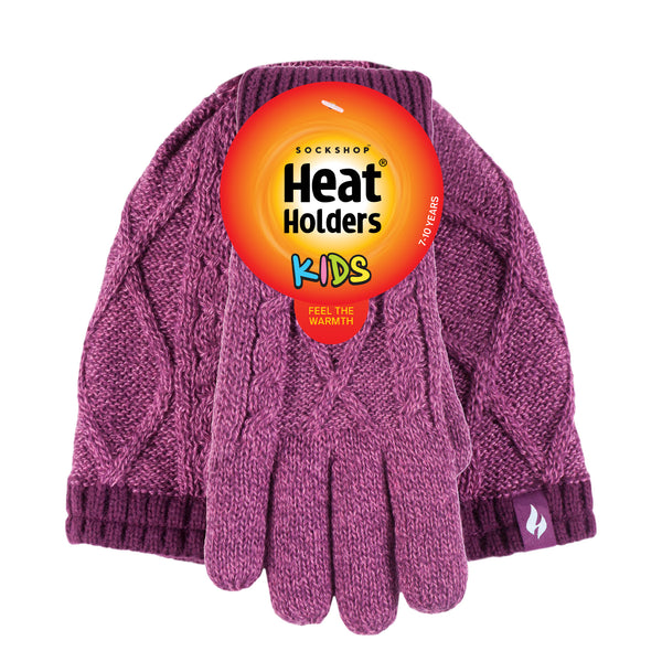 Kids Diamond Cable Hat & Gloves - Pink-Purple