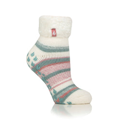 Ladies Original Carina Stripe Lounge Socks with Turnover Top - Cream & Green