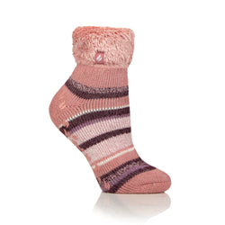 Ladies Original Carina Stripe Lounge Socks with Turnover Top - Muted Pink & Cabernet