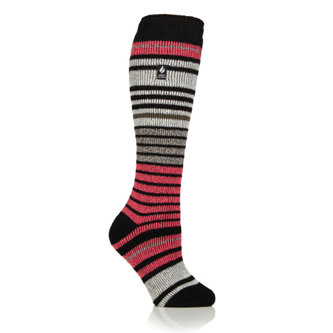 Ladies Original Long Ski & Snow Sports Fine Stripe Socks - Black / Coral Pink