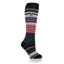 Ladies Original Long Ski & Snow Sports Fine Stripe Socks - Navy & Blue Sapphire