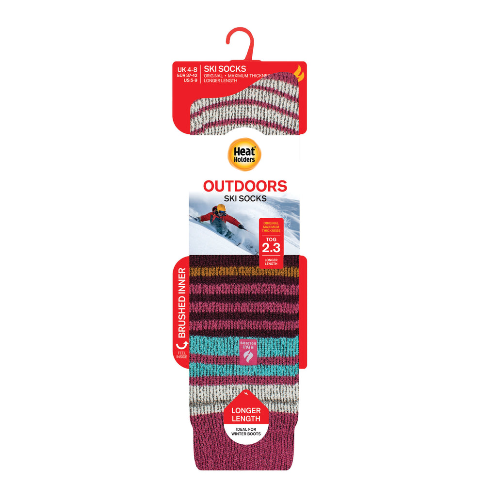 Ladies Original Long Ski & Snow Sports Fine Stripe Socks - Raspberry & Cabernet