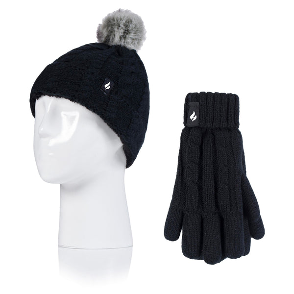 Kids Turn Over Pom Pom Hat & Gloves - Black