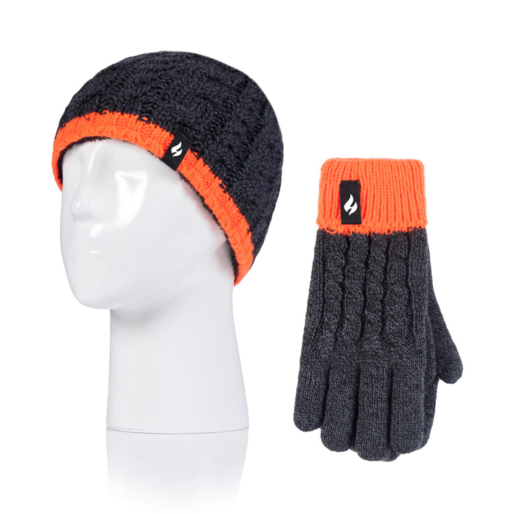 Kids Cable Hat & Gloves - Charcoal & Orange