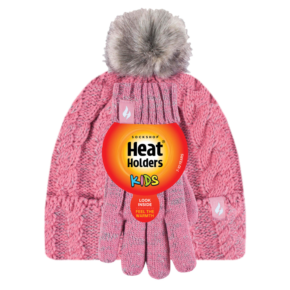 Kids Turn Over Pom Pom Hat & Gloves - Coral