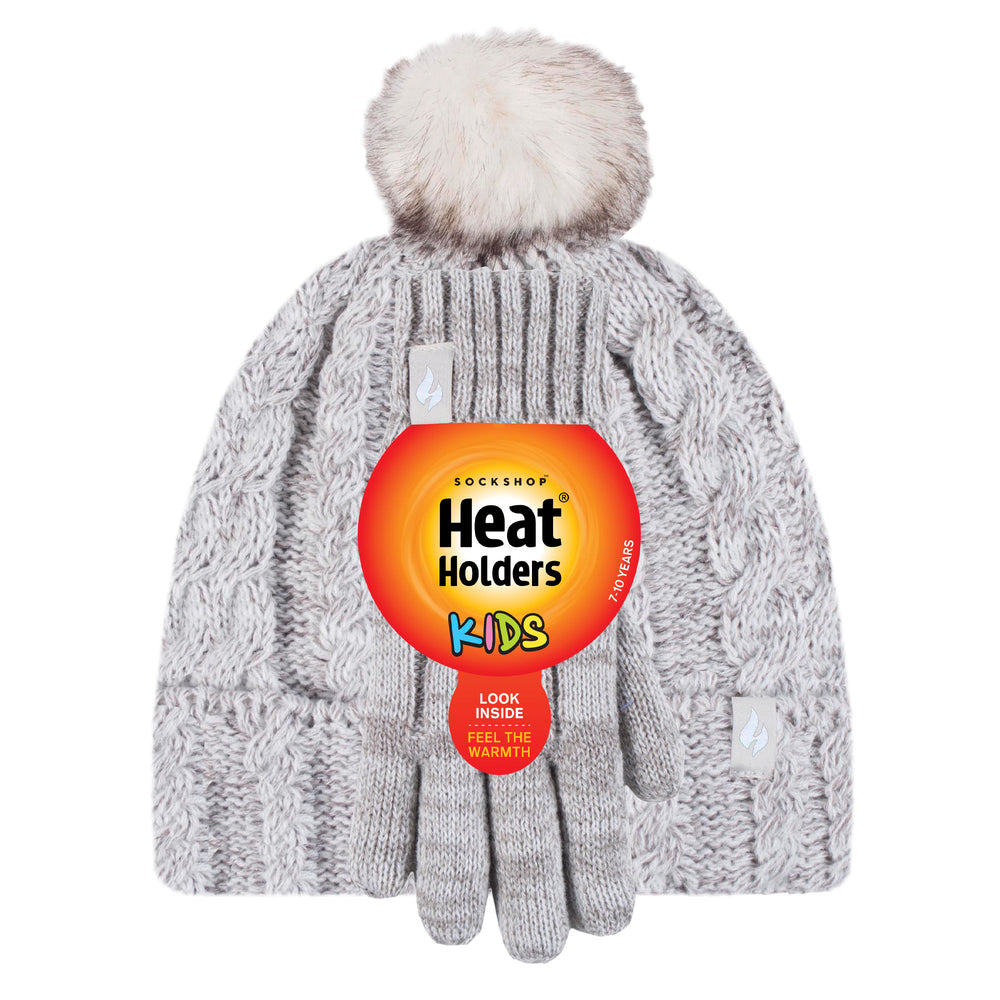 Kids Turn Over Pom Pom Hat & Gloves - Cream & Oat