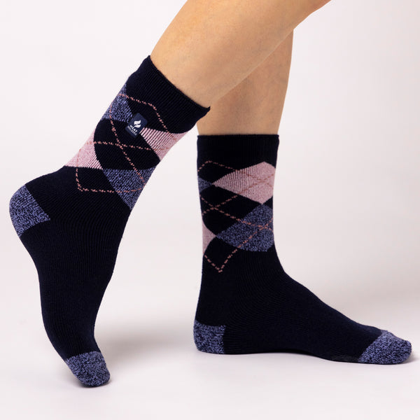 Ladies Lite Argyle Cali Socks - Navy & Orchid