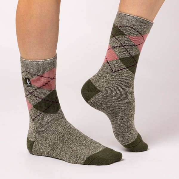 Ladies Lite Argyle Cali Socks - Olive & Cream