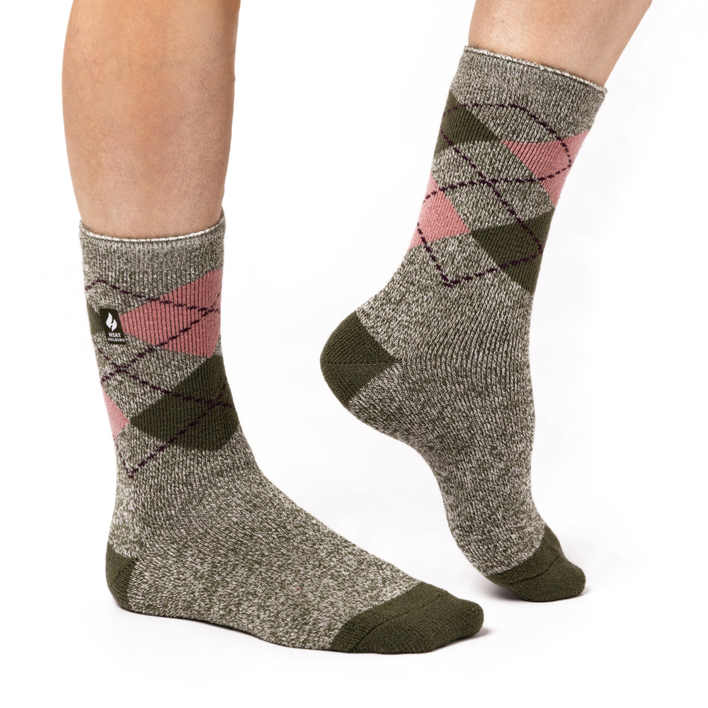 Ladies Lite Argyle Cali Socks - Olive & Cream