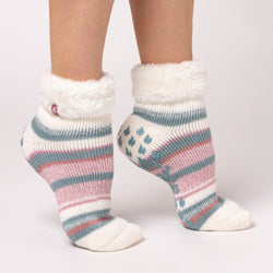 Ladies Original Carina Stripe Lounge Socks with Turnover Top - Cream & Green