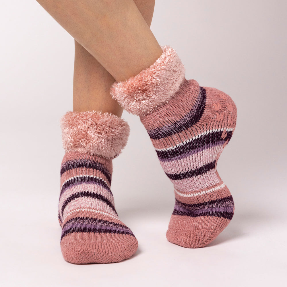 Ladies Original Carina Stripe Lounge Socks with Turnover Top - Muted Pink & Cabernet