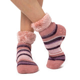 Ladies Original Carina Stripe Lounge Socks with Turnover Top - Muted Pink & Cabernet
