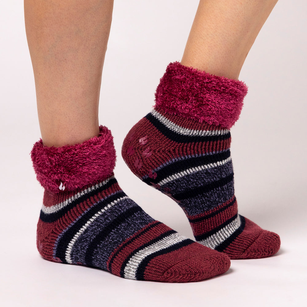 Ladies Original Carina Stripe Lounge Socks with Turnover Top - Raspberry & Navy