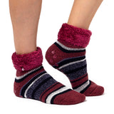 Ladies Original Carina Stripe Lounge Socks with Turnover Top - Raspberry & Navy