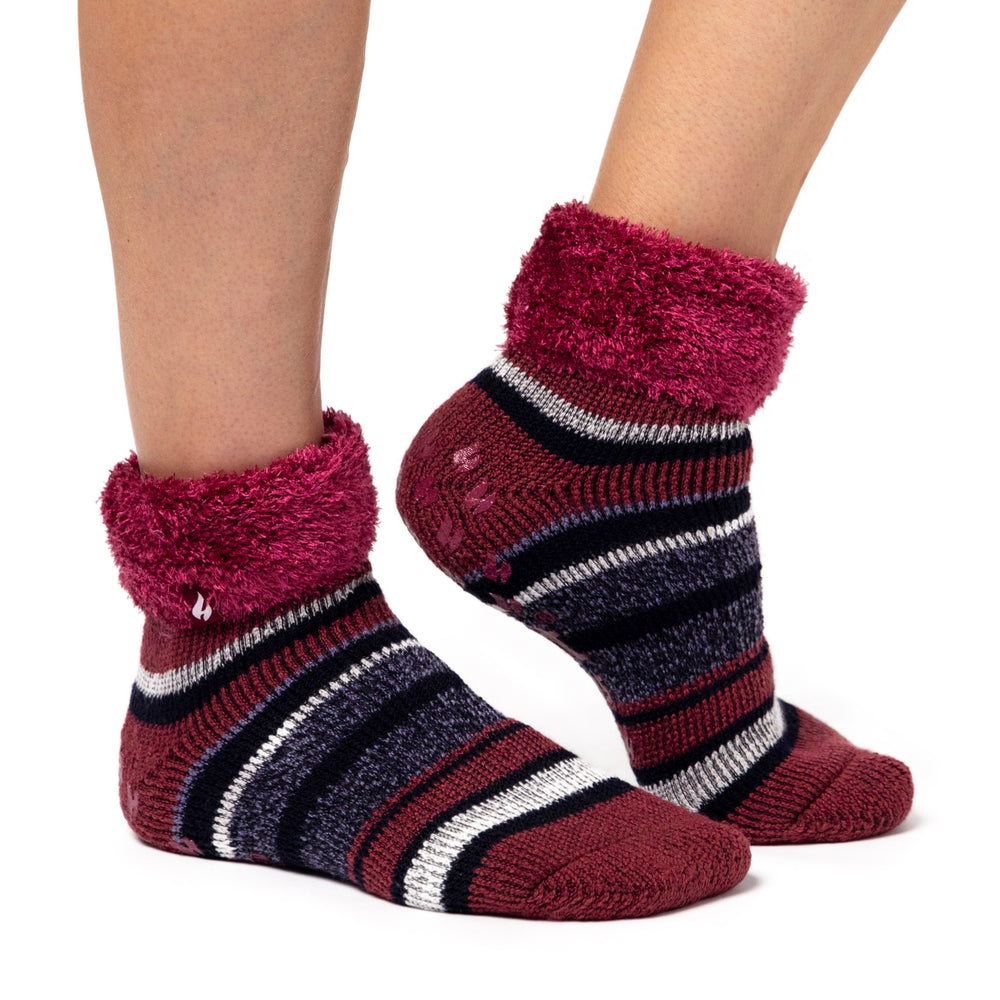 Ladies Original Carina Stripe Lounge Socks with Turnover Top - Raspberry & Navy